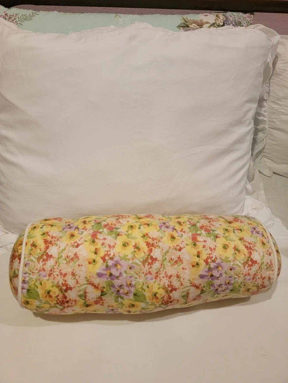 Floral Bolster Pillow in Yellow and Lavender – Decorative Home Bedding
